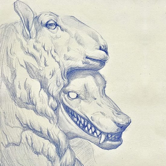 Grinnin cover artwork — a blue pencil drawing of animal heads
